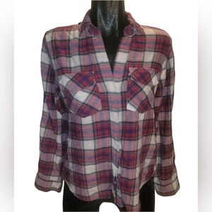 Sam Edelman Red and White Plaid Button Up Shirt With Back Split Seam Detail S
